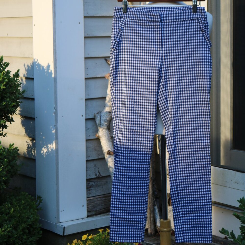 Cynthia Rowley Blue White Gingham Stretch Seersucker Ruffle Pocket Slim Pants 8